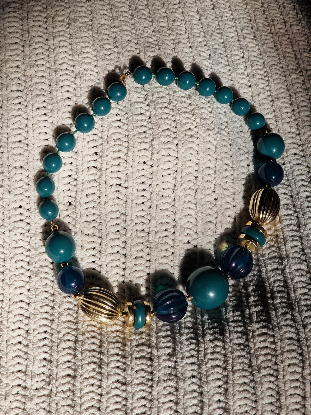 Chunky Teal & Navy Bead Necklace with Gold Accents - Picture 3 of 5